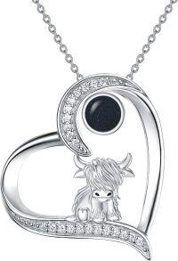 wholesale Sterling Silver Highland Cow Birthstone Necklace Jewelry Gifts for Women Girls-3-12-Blue Sandstone-3-12-Blue Sandstone