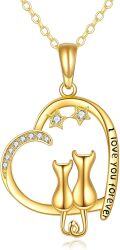 wholesale 14K Gold Heart-Shaped Cat Pendant Necklace with Stars and I Love You Forever Inscription - Gifts for Cat Lovers-0-0
