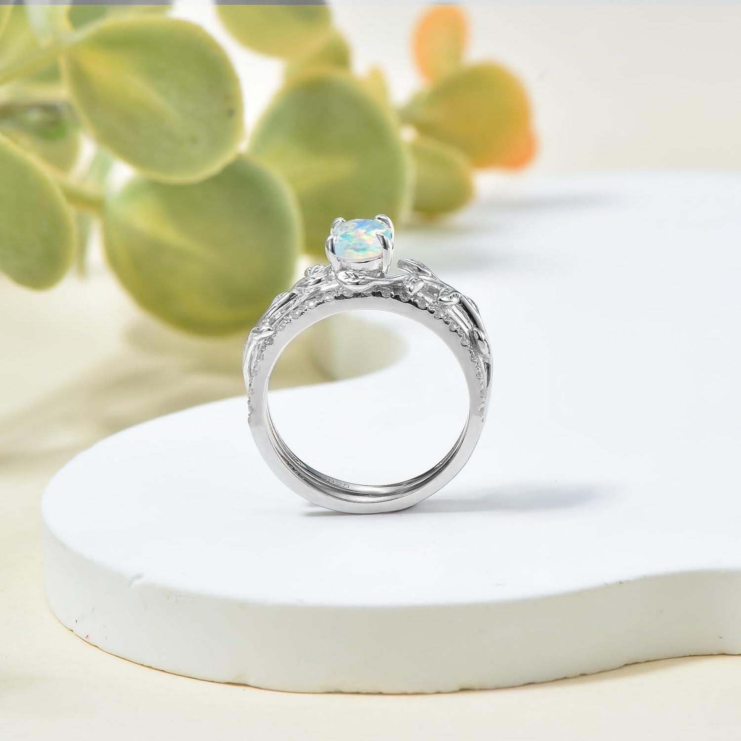 Sterling Silver Opal 1ct Leaf Oval Ring w CZ for Women Valentine s Day Gift-0-2