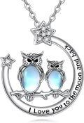 wholesale 925 Sterling Silver Moonstone Double Owls Pendant Necklaces for Women with Stars and Love Message Chain  48cm Length-0-0