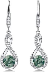 wholesale Sterling Silver Birthstone Infinity Dangle Earrings for Women Luxury Packaged-Moss Agate