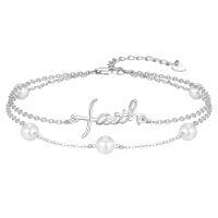 wholesale 925 Sterling Silver Metal Freshwater Pearl Faith Cross Bracelet for Women - Dainty Double Chain Christian-Layered Faith-White Gold