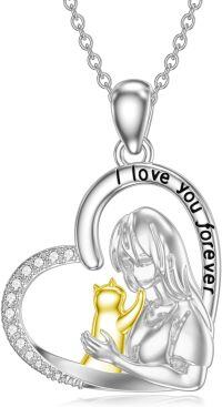 wholesale 925 Sterling Silver Cat Heart Pendant with Gold Plated Kitty and Cubic Zirconia - I Love You Forever Message Necklace for Women Gifts-White Gold and Gold