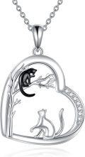 wholesale 925 Sterling Silver Black and White Cats in Love Heart Pendant Necklace with Cubic Zirconia Accents-0-0