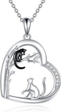 wholesale 925 Sterling Silver Black and White Cats in Love Heart Pendant Necklace with Cubic Zirconia Accents-Cat Necklace