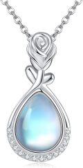 wholesale 925 Sterling Silver Rose-Shaped Blue Moonstone Teardrop Pendant Necklace for Women-0-0