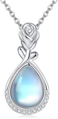 wholesale 925 Sterling Silver Rose-Shaped Blue Moonstone Teardrop Pendant Necklace for Women-Rose
