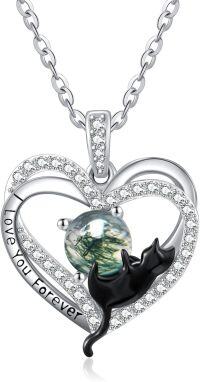 wholesale Sterling Silver Birthstone Cat Projection Heart Pendant Necklace-17-Aquatic Agate-17-Aquatic Agate