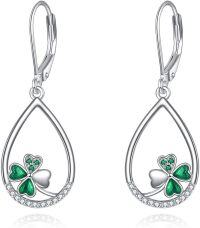 wholesale 925 Sterling Silver Clover Leaf Green Crystal Teardrop Dangle Leverback Earrings for Women-Clover