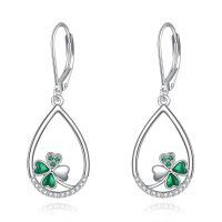wholesale 925 Sterling Silver Clover Leaf Green Crystal Teardrop Dangle Leverback Earrings for Women-Clover