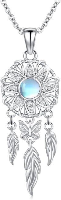 wholesale S925 Sterling Silver Moonstone & Cubic Zirconia Dreamcatcher Butterfly Pendant Necklace, 35x15mm-D-butterfly moonstone dreamcatcher