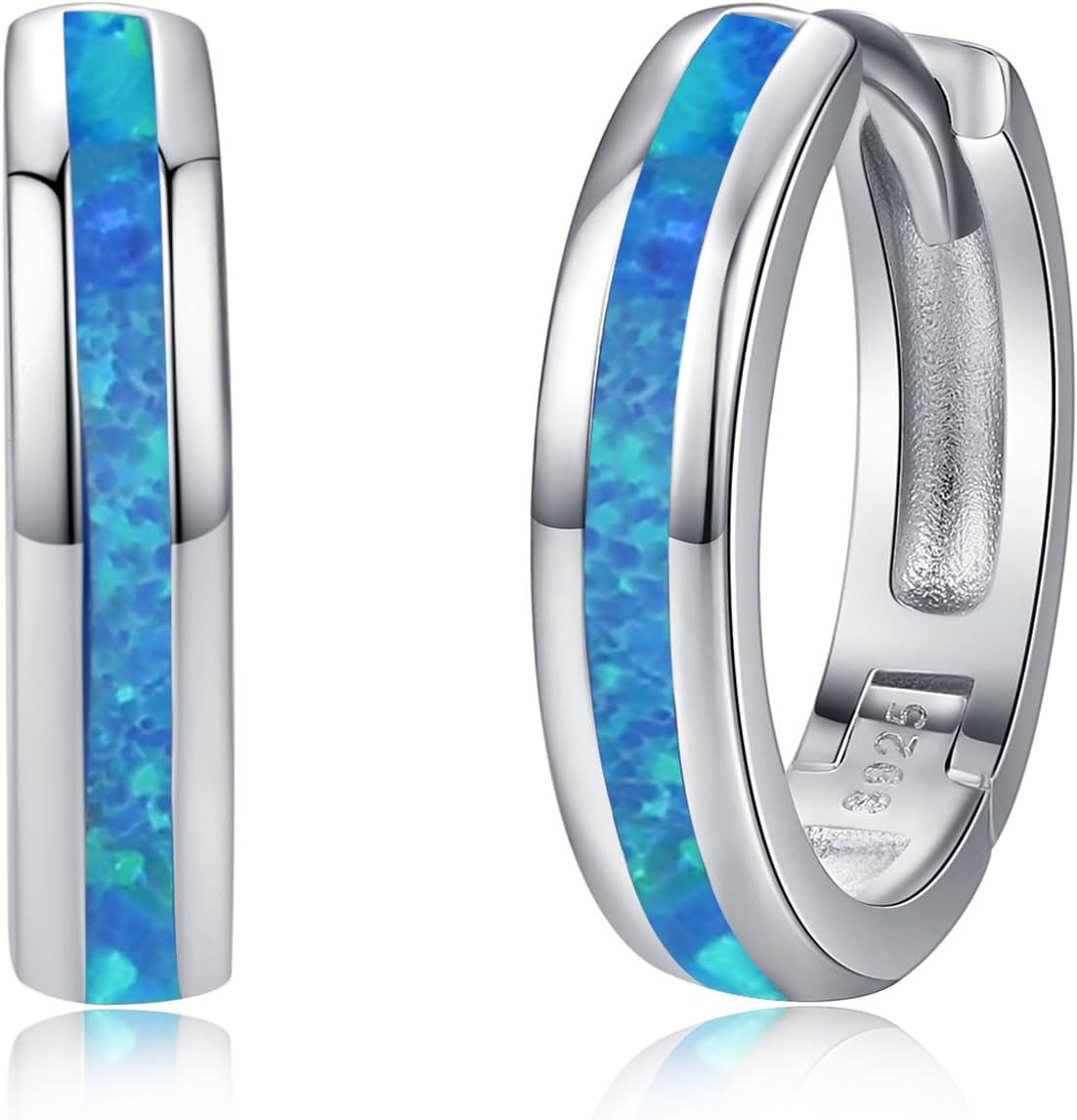 Sterling Silver Blue Opal Huggie Hoop Earrings for Men Women-Blue Opal