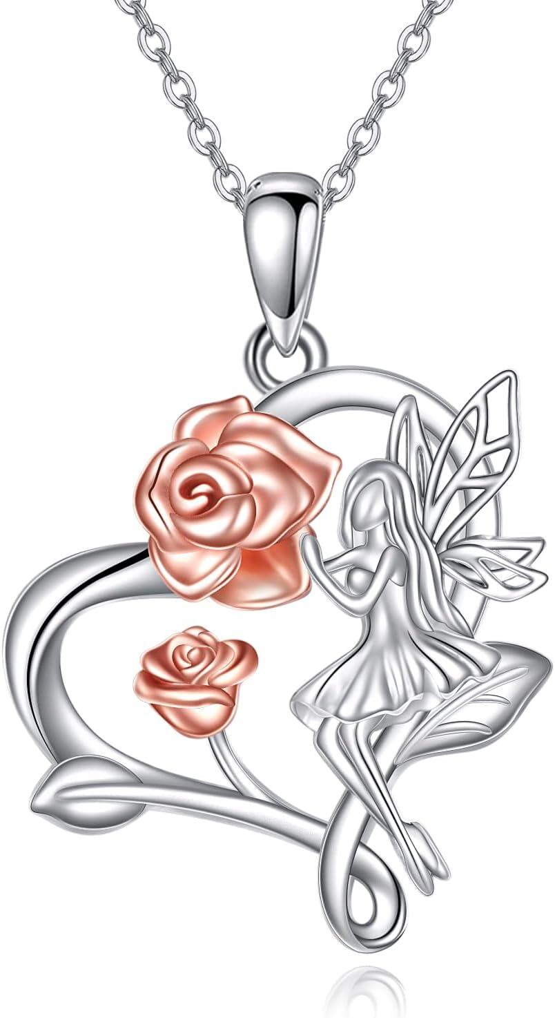 Sterling Silver Heart Necklace with Fox Axolotl Koala Giraffe Cow Guinea Pig Fairy Thistle Daisy Cat Duck Lion Pendant-H-Fairy