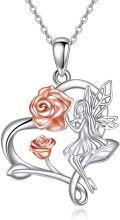 wholesale 925 Sterling Silver Rose Flower Fairy Pendant Necklace for Women Girls  48cm Chain Length-0-0