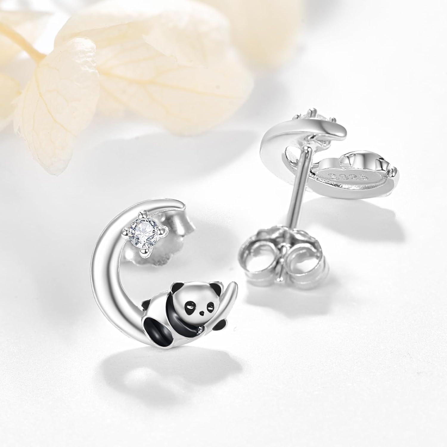 925 Sterling Silver Panda on the Moon Stud Earrings for Women - Hypoallergenic Jewelry-0-1