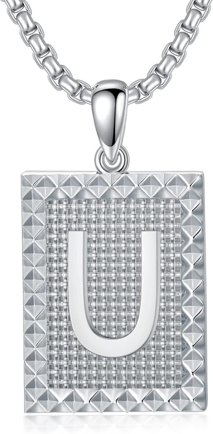 Sterling Silver A Z Alphabet Square Letter Necklace for Men Women-U
