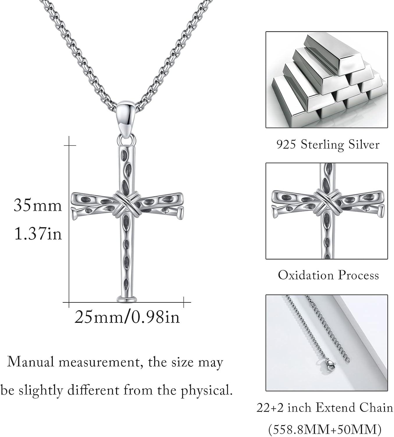 Sterling Silver Stainless Steel Men s Baseball Nail Cross Pendant Necklace 24 -0-2