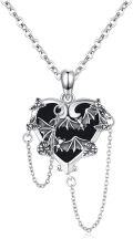 wholesale 925 Sterling Silver Heart-Shaped Black Onyx Bat and Spider Design Gothic Punk Style Pendant Necklace with Chain for Women Girls  46cm Length-0-0