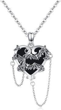 wholesale 925 Sterling Silver Heart-Shaped Black Onyx Bat and Spider Design Gothic Punk Style Pendant Necklace with Chain for Women Girls  46cm Length-Bat
