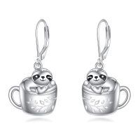 wholesale 925 Sterling Silver Platinum Plated Cute Sloth In Coffee Cup Drop Earrings-Cup Sloth Leverback Earrings