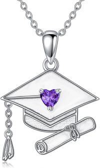 wholesale 925 Sterling Silver Purple Heart Amethyst Graduation Cap Pendant Necklaces for Women-A