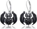 wholesale 925 Sterling Silver Black Bat Heart Chain Gothic Leverback Earrings-0-0
