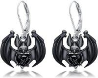 wholesale 925 Sterling Silver Black Bat Heart Chain Gothic Leverback Earrings-Bat