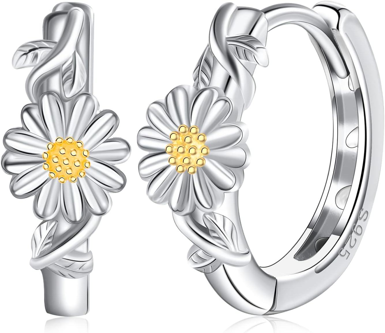 925 Sterling Silver Daisy Flower Huggie Hoop Earrings for Women Girls - Hypoallergenic Gift Set-0-0