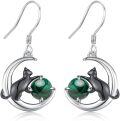 wholesale 925 Sterling Silver & Malachite Adorable Cat Earrings – Playful Black Cat on Moon with Gemstone Accents-0-0