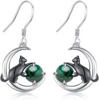 wholesale 925 Sterling Silver & Malachite Adorable Cat Earrings – Playful Black Cat on Moon with Gemstone Accents-Dangle-Malachite