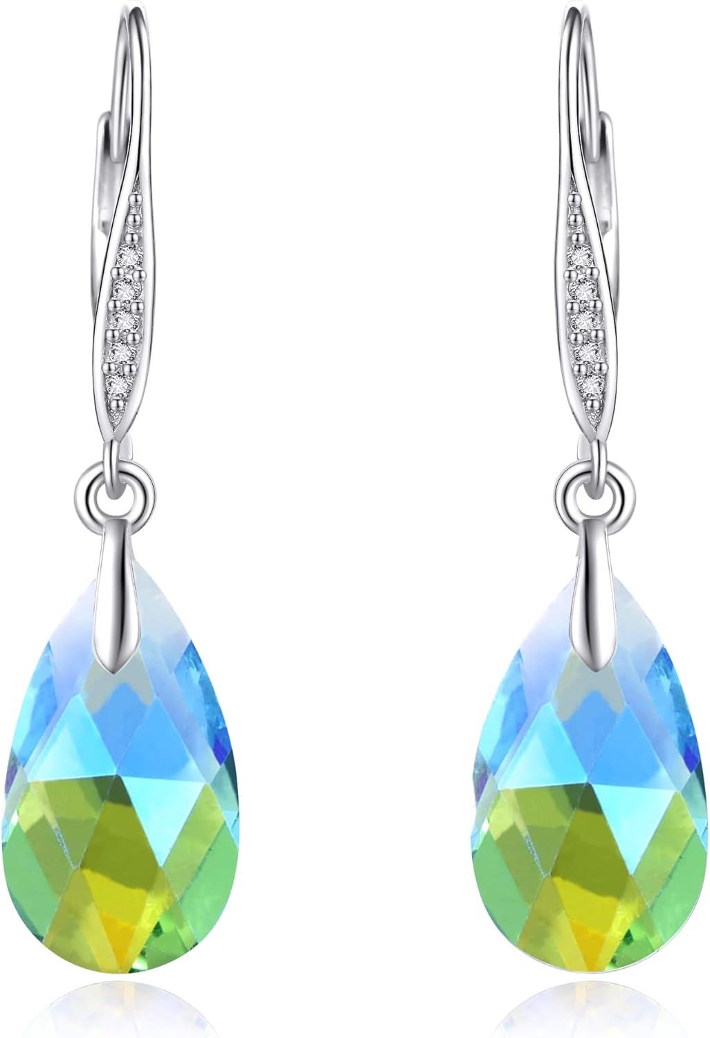Sterling Silver Austrian Crystal Light Green Violet Aurora Boreali Drop Dangle Earrings-white gold-green crystal
