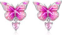 wholesale 925 Sterling Silver Pink Butterfly Heart Stud Earrings for Women Hypoallergenic -Butterfly
