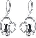 wholesale 925 Sterling Silver Crescent Moon & Black Cat Starry Night Dangle Earrings-0-1