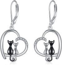 wholesale 925 Sterling Silver Leverback Earrings with Cats and Crescent Moon Design-Heart Two Cat Earrings