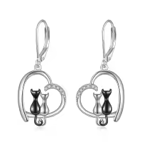 wholesale 925 Sterling Silver Leverback Earrings Wholesale with Cats and Crescent Moon Design-Heart Two Cat Earrings