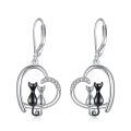 wholesale 925 Sterling Silver Crescent Moon & Black Cat Starry Night Dangle Earrings-0-1