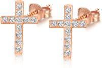 wholesale 14K Gold Moissanite Cross Earrings for Women, Nickel-Free Hypoallergenic, 11mm x 7mm, 0.9g-Rose Gold