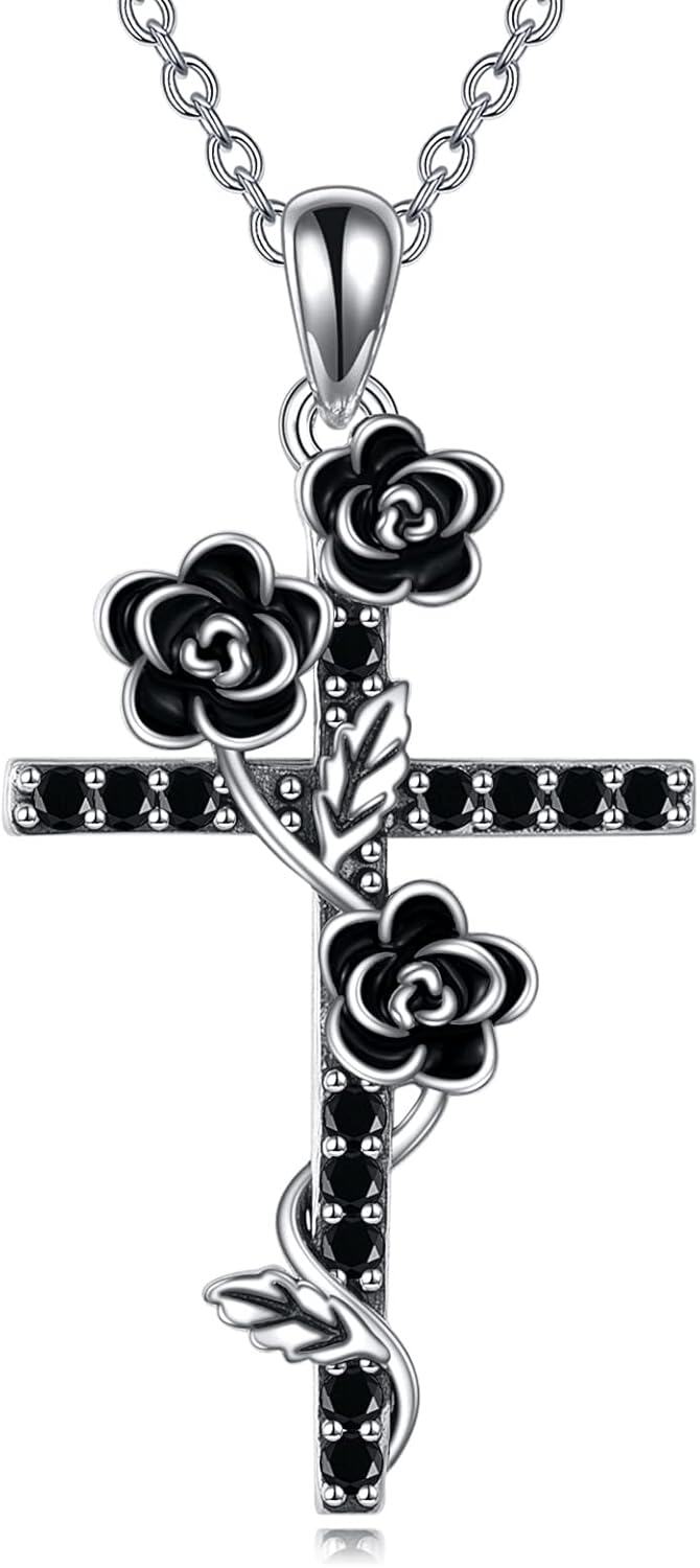 Sterling Silver Turquoise Moonstone Moss Agate Larimar Cross Necklace for Women-08-rose