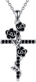 wholesale 925 Sterling Silver Black Rose & Crystal Cross Pendant Necklace for Women-0-0
