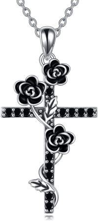wholesale 925 Sterling Silver Black Rose & Crystal Cross Pendant Necklace for Women-08-rose