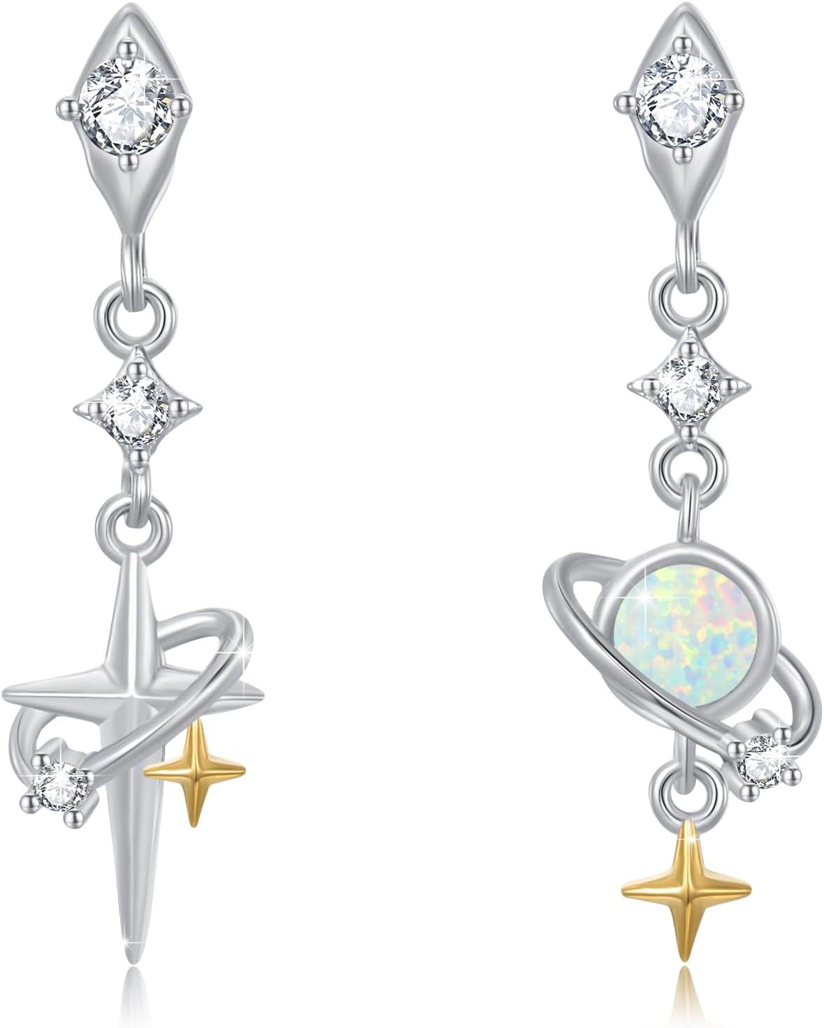 Sterling Silver Moonstone Birthstone Opal Star Planet Panda Whale Heart Earrings for Women -Stars and Planets Earrings - Opal