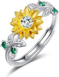 wholesale  S925 Sterling Silver Gold Plated Sunflower Ring with 1ct Simulated Diamond & Birthstone, Adjustable Love Gift for Women Wife Girlfriend Mom-04 Apr - Simulated Diamond