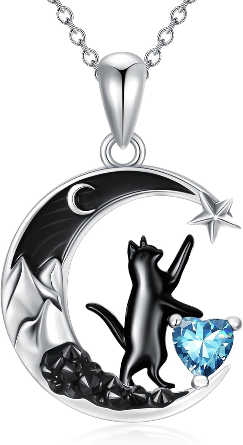 Sterling Silver Black Cat Necklace with Heart Birthstone Crescent Moon Star Pendant Gothic Jewelry Gift for Women Wife Cat Lover-12-Dec-Topaz