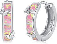 wholesale Sterling Silver Opal Hoop Earrings for Women Hypoallergenic Huggie Christmas Gift-B-Silver-Pink