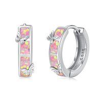 wholesale 925 Sterling Silver Blue Opal Butterfly Hoop Earrings Wholesale With Enamel Design-B-Silver-Pink