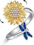 wholesale 925 Sterling Silver Hypoallergenic Sunflower Spinning Ring for Stress Relief, Adjustable Size 7-9, Gift for Her-0-0