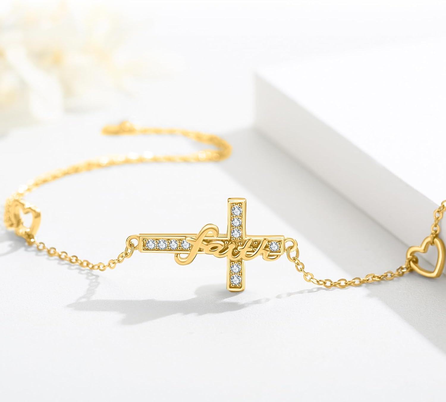 wholesale Gold 925 Sterling Silver Faith Cross Bracelet - Christian Religious Jewelry - Adjustable Length Confirmation Gift for Women & Girls-0-1