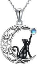 wholesale 925 Sterling Silver Crescent Moon with Black Cat and Star Pendant Necklace-0-0