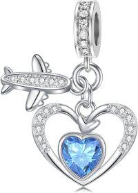 wholesale 925 Sterling Silver Birthstone Heart Charm with Airplane Charms for Anklets Women Mom Lover-12-December-Light Blue