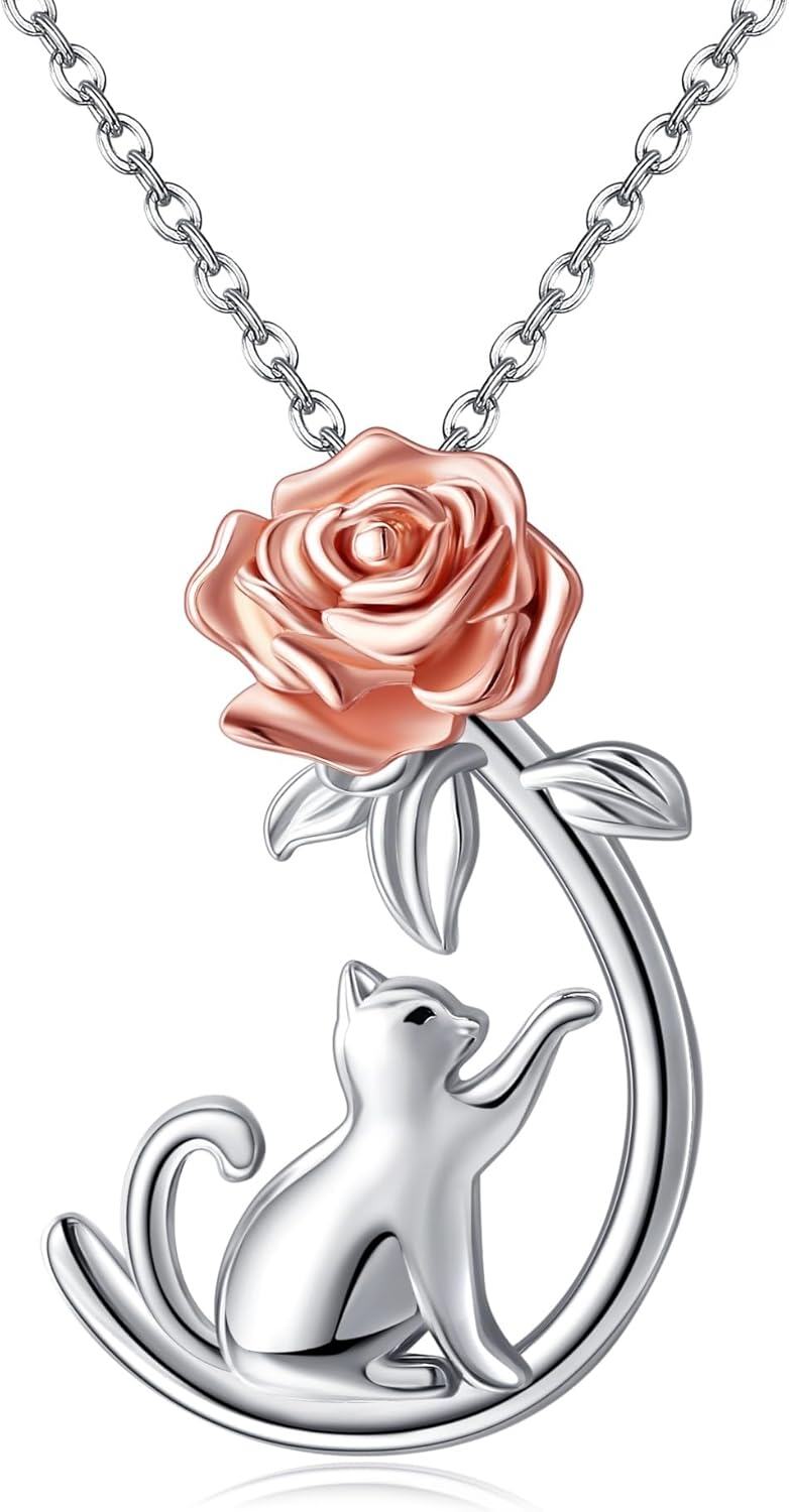 925 Sterling Silver Rose and Cat Pendant Necklace - Gifts for Women-0-0